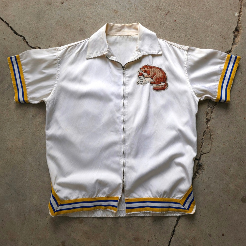 Vintage 1950s White Basketball Warm Up Shirt Satin Rayon Beaver Patch USA L